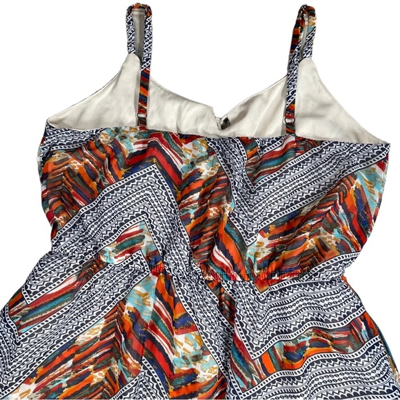 As You Wish size large colorful mini dress, tie at neck, asymmetrical hem, EUC - Picture 8 of 13